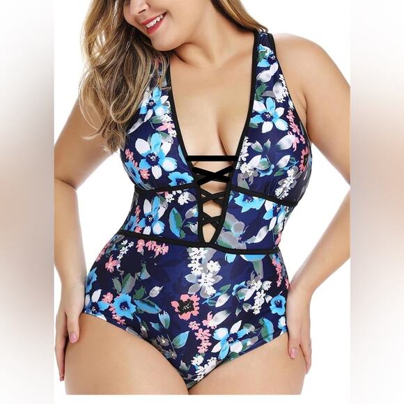 Plus Size Rosa Floral Print One Piece Swimsuit,Plunge Neckline Swimwear 3XL - Picture 1 of 4